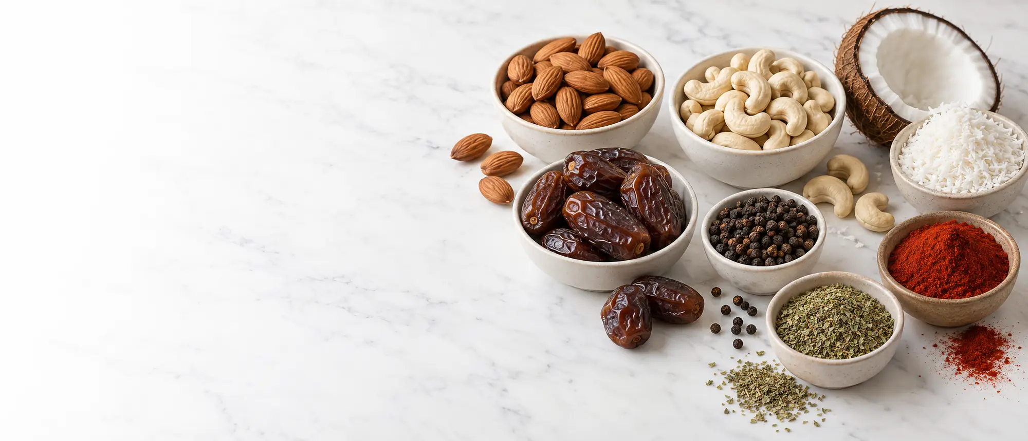 Almonds, cashew nuts, coconut, dates, black pepper, paprika and oregano in bowls on a white table